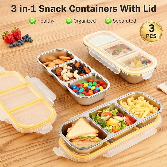 3 Pack Stainless Steel Snack Containers with Lids, Reusable Metal Food Storage Containers, 3 Compartment Leakproof Snack Box, Portable Bento Lunch Snack Boxes for Home, Travel, Outdoor and Camping