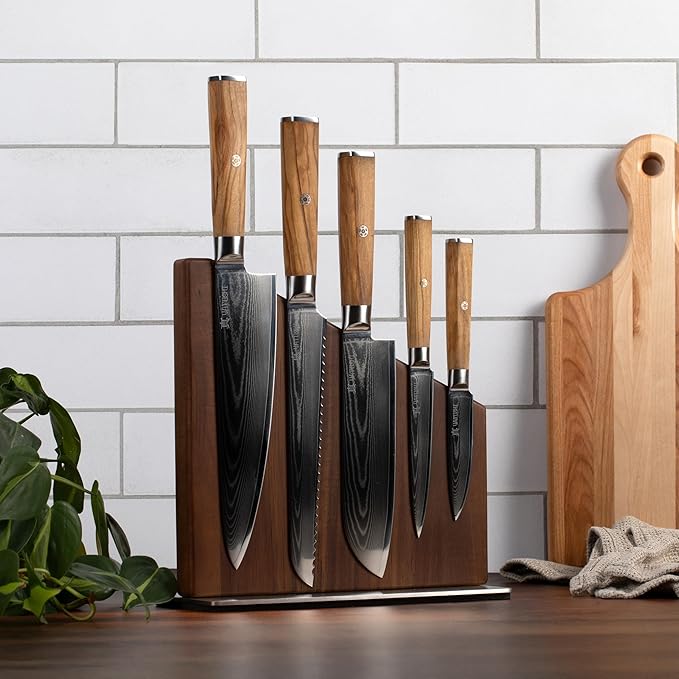 Yatoshi Knives Magnetic Kitchen Knife Block Set - Japanese 67 Layer High-Grade VG-10 Steel Knives, Sharp, Professional Kitchen Knife Set - Damascus (6 pieces), Olive Wood Handles