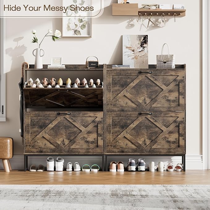 Nicetree Shoe Cabinet with 2 Flip Drawers, Freestanding Shoe Storage Cabinet with Metal Legs, Farmhouse Shoe Organizer for Entryway, Foyer, Hallway, Rustic Brown