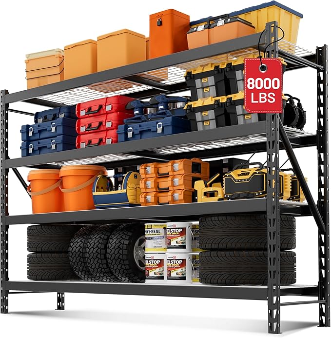 WORKPRO 8000LBS Storage Shelves, 77" Extra-Wide Garage Shelving, Heavy-Duty Metal Shelving Unit, Adjustable 4-Tier Garage Storage Rack for Warehouse, Basement,77" W X 24" D X 72" H, Black