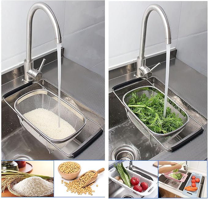Over The Sink Colander, 4 Quarts Stainless Steel Oval Colander with Expandable Rubber Grip Handle, Fine Mesh Strainer Baskets Kitchen Colanders for Strain, Drain, Rinse Vegetable, Fruits, Black