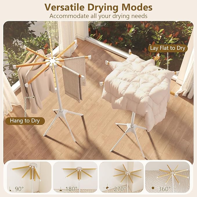 Tangkula Clothes Drying Rack, Foldable Laundry Drying Rack with 8 Bamboo Hanging Rods, 4-Legged Design, Space-Saving Floor Standing Octopus Airer for Balcony Bedroom Household