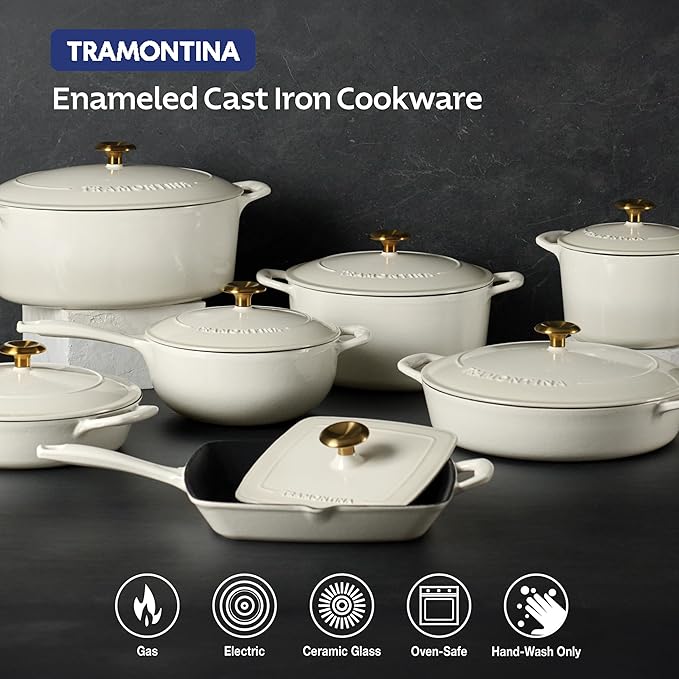 Tramontina Bestow Enameled Cast Iron Sauce Pan with Lid, 2.5-quart, Latte with Gold Knob