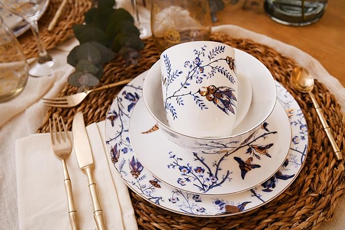 Bulgary Plates and Bowls Sets Dishes Set for 4, Ceramic Plates and Bowls Set, Service for 4, Bone China Dinnerware Set Salad Dessert Plates, and Cereal Bowls Set, Microwave safe by KOKEN