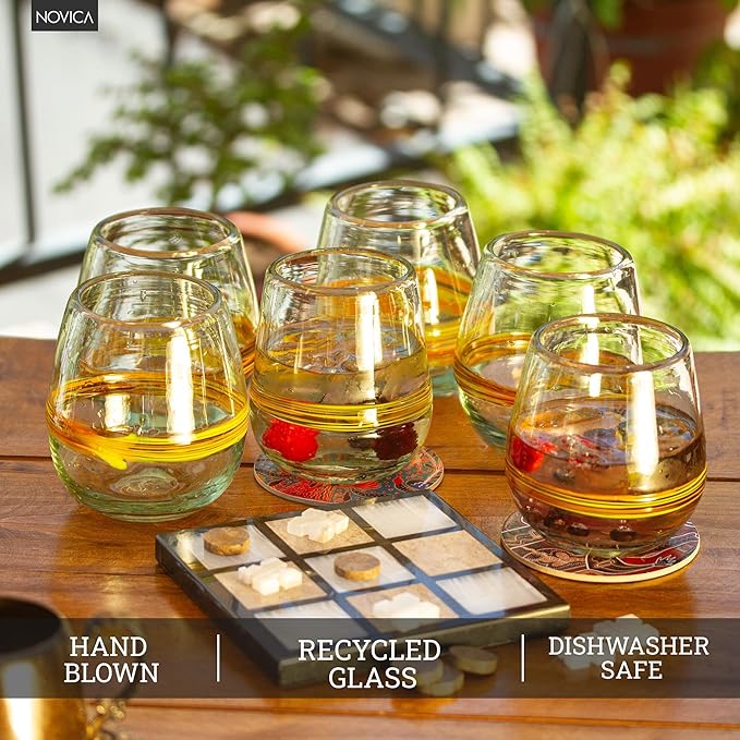 NOVICA Clear Yellow Stripe Hand Blown Glass Stemless Wine Glasses, 14 Oz, Round Ribbon Of Sunshine' (Set Of 6)