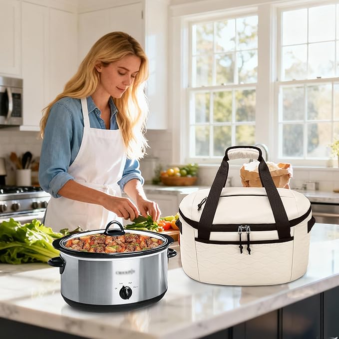LUXJA Oval Slow Cooker Carrying Bag Compatible with Crock Pot 6-8 Quart, Insulated Slow Cooker Travel Bag with Lid Fasten Straps, Beige