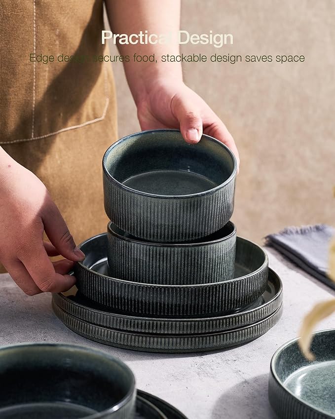 famiware Star Dinnerware Set, Plates and Bowls Sets for 8 (24pcs), Ribbed Stoneware Dishes - Chip & Scratch Resistant, Microwave & Dishwasher Safe, Deep Forest