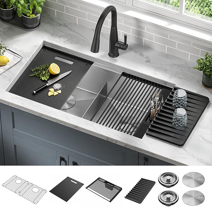 DELTA FAUCET Rivet 33-Inch Workstation Kitchen Sink Undermount 16 Gauge Stainless Steel 50/50 Double Bowl with WorkFlow Ledge and Chef’s Kit of 9 Accessories, 95B931-33D-SS
