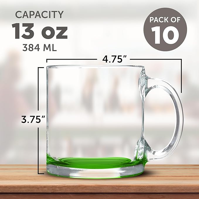 Libbey Clear Glass Coffee Mugs 13 oz. Set of 10, Bulk Pack - Perfect for Coffee, Tea, Espresso, Hot Cocoa, Other Beverages - Green Bottom