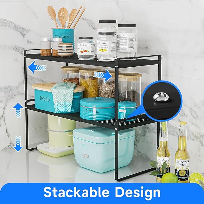 Expandable Kitchen Shelf Organizers, Kitchen Cabinet Organizer Stand Rack Organization for Countertop Office Desktop, Black 2 Pack