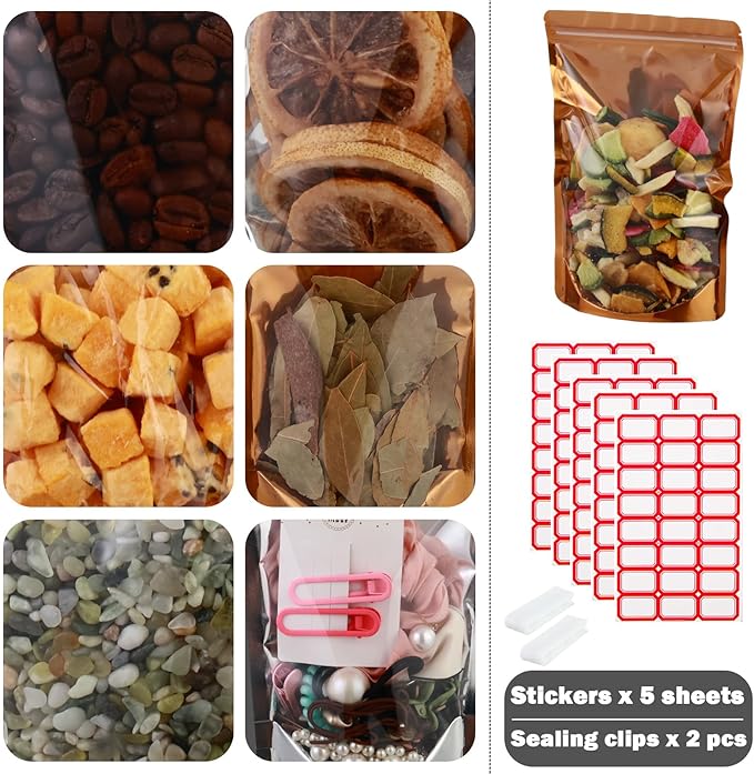 150-pack 4.7” x 7.9” Stand Up Mylar Bags with Clear Window Resealable Foil Pouches for Food Storage Smell Proof Edible Packaging Bag for Jewelry and Small Business, Small plastic bag Bulk, Golden