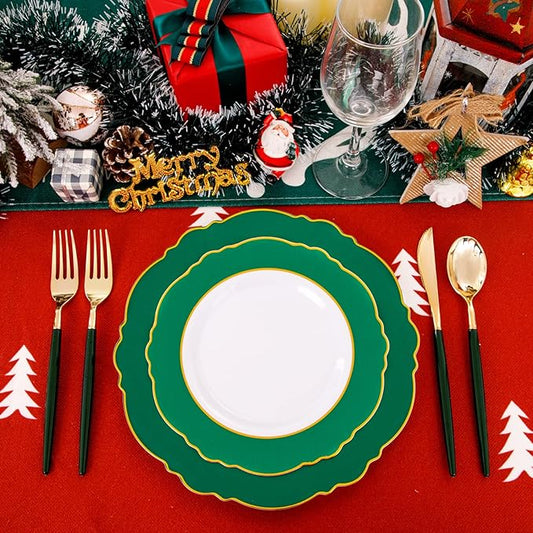 WDF 30Guest Christmas Plates Disposable - Gold Plastic Silverware With Green Handle - Baroque Green &Gold Plastic Dinnerware for Christmas Plates Party