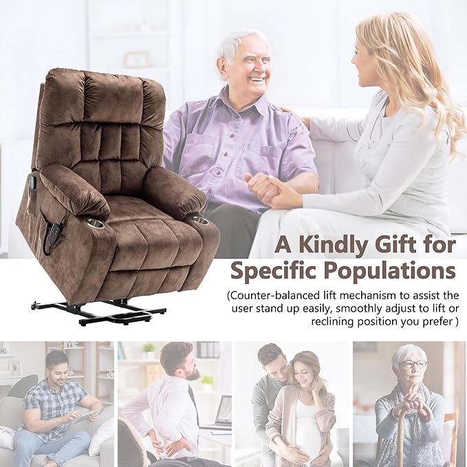Dual Motor Power Lift Recliner Chair for Big and Tall Elderly Adults Electric Lay Flat Recliner, Stand Up Lift Chairs Recliners with Massage Heat, Cup Holders, Side Pockets, Lumbar Pillow