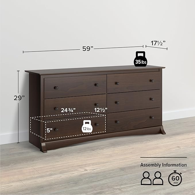 Prepac Sonoma 6-Drawer Double Dresser for Bedroom, Wide Chest of Drawers, Traditional Bedroom Furniture, 59" wide x 17.5" deep x 29" tall, Espresso