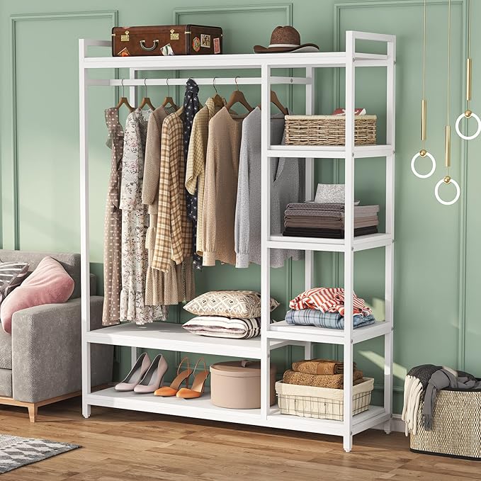 LITTLE TREE Free Standing Wood Closet Clothes Rack,Heavy Duty Grament Rack with Shelves,Hanging Racks for Clothes Clothing Rack for Bedrom,Wardrobe Closet Organizer,350 lb Capacity
