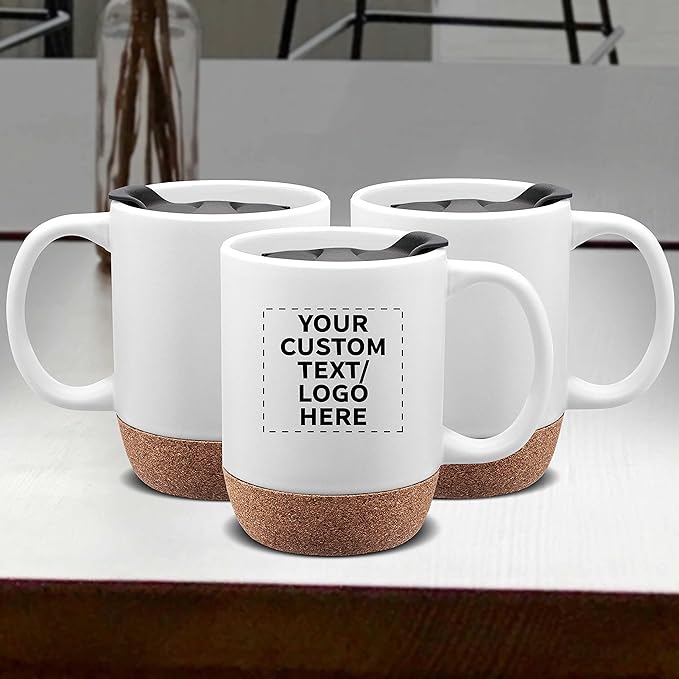Custom Barista Ceramic Mugs with Cork Bottom 13 oz. Set of 12, Personalized Bulk Pack - Perfect for Coffee, Tea, Espresso, Hot Cocoa, Other Beverages - White