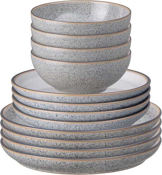 Denby - Studio Grey & White Dinner Set For 4-12 Piece Ceramic Stoneware Tableware Set - Dishwasher Microwave Oven Safe - Scratch Chip Resistant
