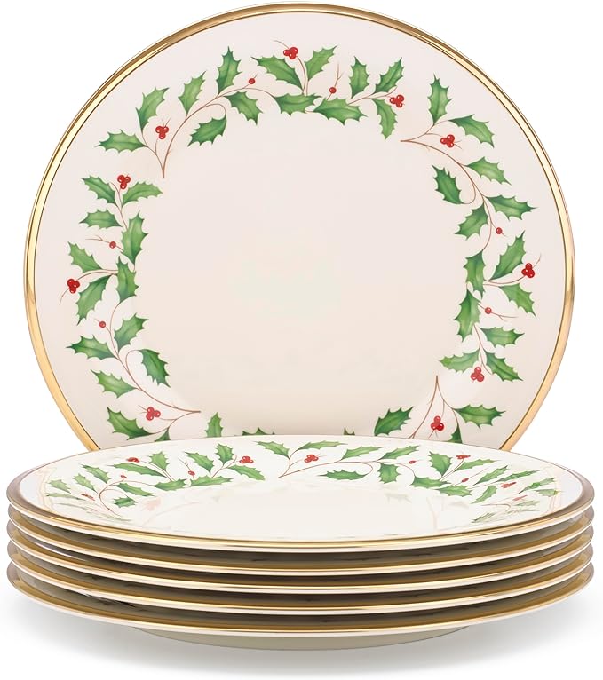 Lenox Holiday 6-Piece Dinner Plates Dinnerware Set, Service For 6, Porcelain, Dishwasher Safe, Round Plates Set, Holiday Red & Green, Perfect for Gatherings, Christmas Dinnerware (Ivory, 6 Piece)