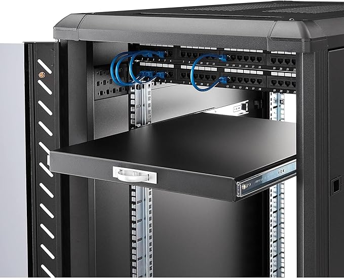 StarTech.com 1U Sliding Server Rack Mount Keyboard Shelf Tray, 55lbs (25Kg), 22in (55cm) Deep Steel Pull Out Drawer for Racks
