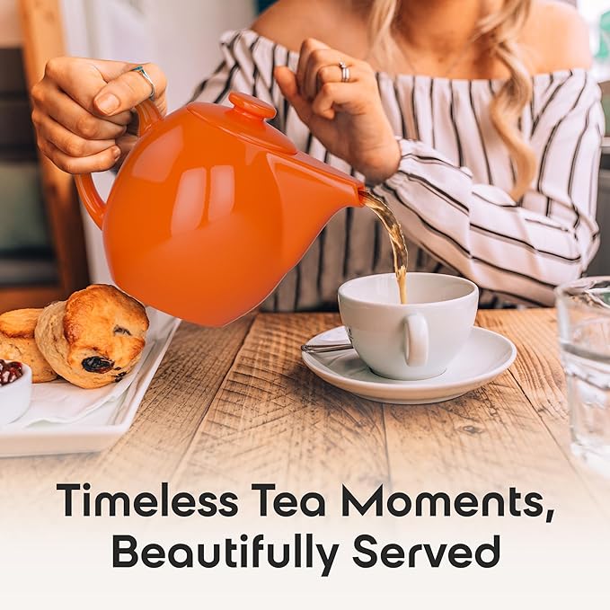 OmniWare 24 Oz Stoneware Teapot with Stainless Steel Mesh Infuser (Orange) - Microwave & Dishwasher Safe, Removable Infuser, Retro-Style Kitchenware Ideal for Loose Tea Brewing