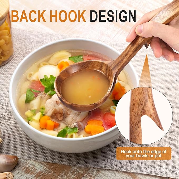 Wooden Spoons for Cooking, Wooden Cooking Utensils Set of 3 including Cooking Spoon, Rice Scooper, Soup Spoon Ladle - Nonstick Cookwares, BPA-Free, Heat Resistant Teak Wood Spoons for Kitchen Use