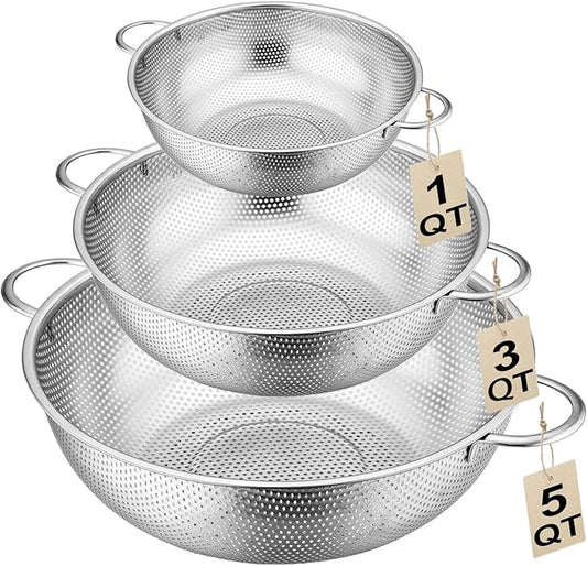 3-Piece Stainless Steel Colander Set with Handles - 5Qt/3Qt/1Qt Nesting Strainers for Pasta, Veggies, Fruit Drainage, Durable Micro-Hole Mesh for Fast Water Flow