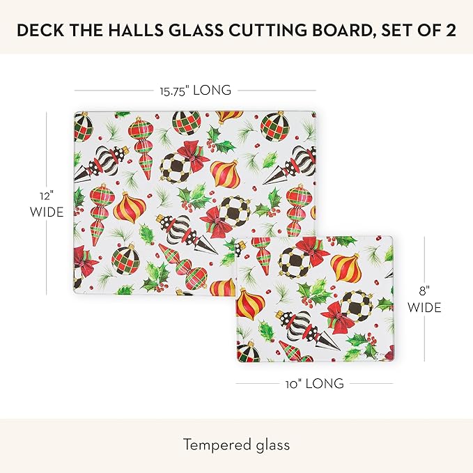 MACKENZIE-CHILDS Set of 2 Tempered Glass Cutting Boards, Countertop Cutting Boards, Deck the Halls