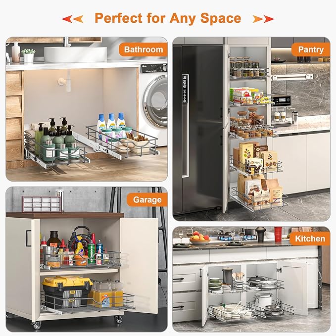 ALINE FURNITURE Pull Out Shelves - 14" W x 22" D Soft Close Pull Out Cabinet Organizer 1 Tier - Slide Out Drawers with Shelf Liner, Heavy Duty Steel Wire Baskets for Kitchen Cabinets, Pantry, Bathroom