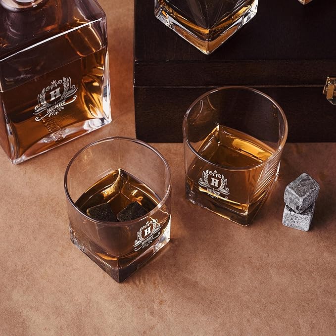 Personalized Whiskey Decanter Set with Engraved Glasses - Personalized Gifts for Men With Engraved Wooden Box and Whiskey Stones