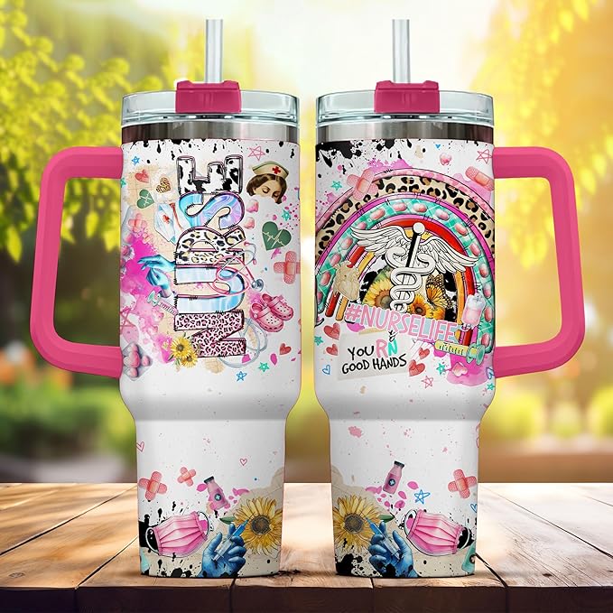 Coffee Straws Student Practitioner Cup Er Cups Leopard Travel Women Nurses Print For, Nurse Gifts, Tumbler 40 Oz With Handle Lid And Straw, Nurse Rainbow Collaboration