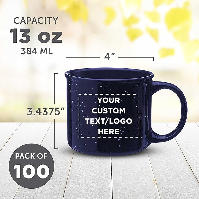 DISCOUNT PROMOS Custom Ceramic Campfire Coffee Mugs 13 oz. Set of 100, Personalized Bulk Pack - Perfect for Tea, Espresso, Cappuccino, Hot Cocoa - Blue