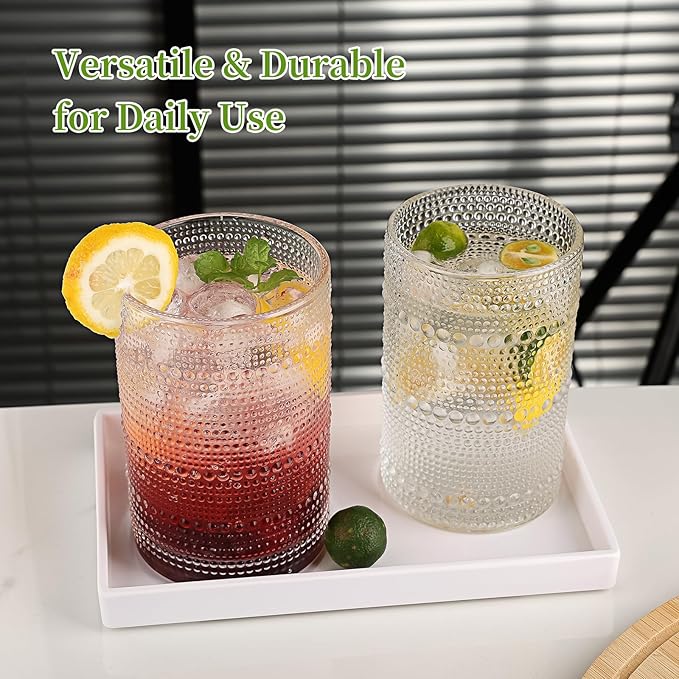 Hobnail Drinking Glasses Set,16 Oz Vintage Embossed Glass Tumbler for Cocktail, Beer, Juice, Water, Whiskey and Kitchen Glassware, 2 Pack