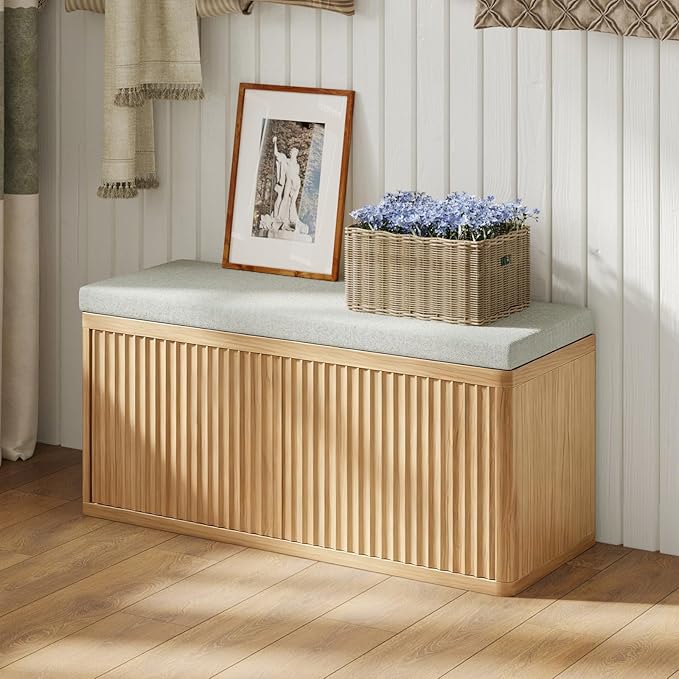 Entryway Shoe Storage Bench with 2" Cushion, 37.4" Small Bench with Shoe Rack, Cabinet Organizer for Hallway，Bedroom End of Bed,Light Oak