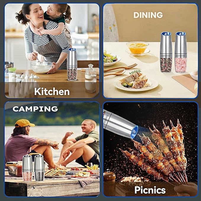 Gravity Electric Salt and Pepper Grinder Set, Adjustable Coarseness, Ceramic Grinding Core, Battery Operated, Perfect for Home Kitchen, BBQ, and Outdoor Picnics(Stainless Steel,2 Pack)