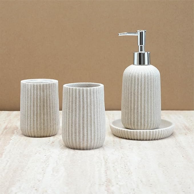 4-Piece Bathroom Accessory Set - Modern Resin & Sandstone Collection - Includes Soap Dispenser 8.5oz, Toothbrush Holder, Tumbler, Soap Dish (Beige)