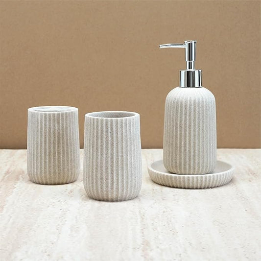 4-Piece Bathroom Accessory Set - Modern Resin & Sandstone Collection - Includes Soap Dispenser 8.5oz, Toothbrush Holder, Tumbler, Soap Dish (Beige)