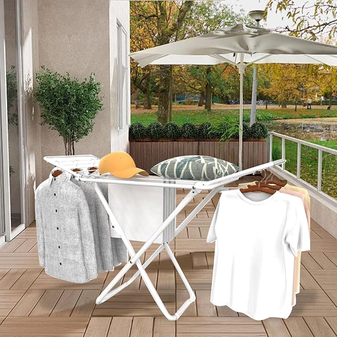 Diydeg Clothes Drying Rack, Foldable Portable Laundry Drying Rack with Height Adjustable Wings, Space Saving Heavy Duty Metal Clothes Hanger for Indoor Outdoor Use, Laundry Room