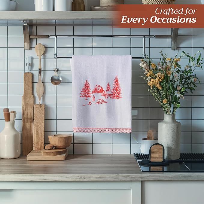 Maison d' Hermine Kitchen Towels Set of 3 100% Cotton 20" x 27.5" Reusable Cloth Tea Dish Towels Absorbent with Hanging Loop for Kitchen Dining Thanksgiving Christmas Decorations (Winter Jouy)