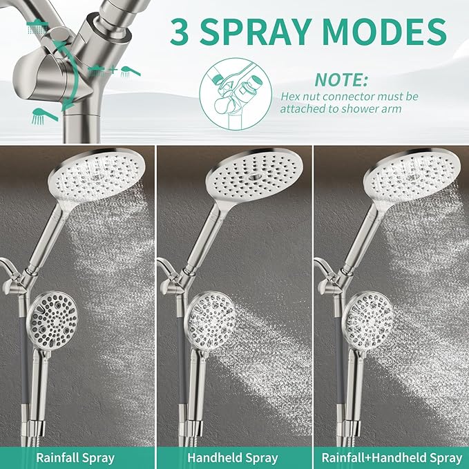 Filtered Rainfall Shower Head with Handheld Spray Combo, Dual Shower Head Combo High Pressure, Double Sprayer Filter Shower Head with Extra Long Hose & Adjustable Shower Arm (Brushed Nickel)