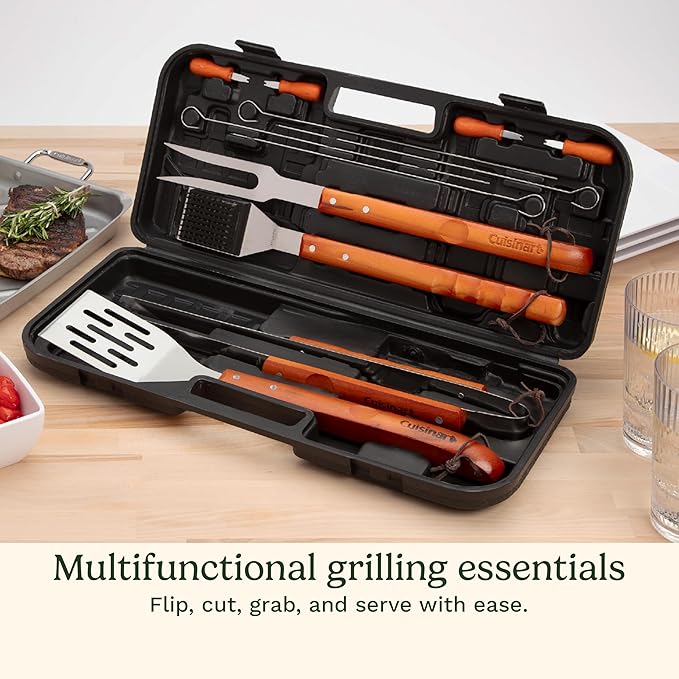 Cuisinart 13-Piece Wooden Grill Tool Set, BBQ Accessories and Grill Tools, Durable Stainless-Steel Utensils with Recycled Plastic Case, Spatula, Tongs, Cleaning Brush & More, Grilling Gifts for Men