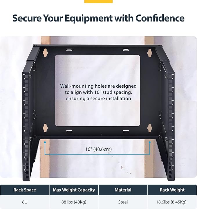 StarTech.com 2-Post 8U Wall Mounted Rack, Adjustable Depth up to 16in, for 19-inch Server/Data/Networking Equipment, Max 88lb