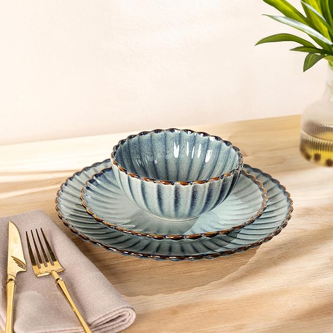 GBHOME Stoneware Dinnerware Sets for 4,Handcrafted Embossed Design Reactive Glaze Ceramic Plates and Bowls, Dishwasher and Microwave Safe, Service for 4(12pcs) (Space Blue, Service for 4)