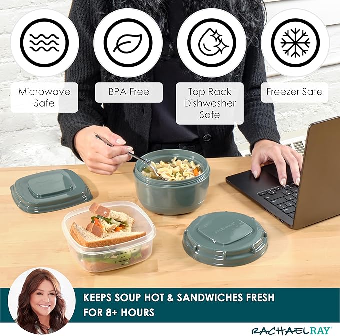 Rachael Ray Soup & Sandwich Container For Lunch, Hot Soup Lunch Container For Adults, Reusable Soup Bowl With Container For Sandwich or Toppings, Includes Removable Ice Pack, Hot or Cold Food Storage