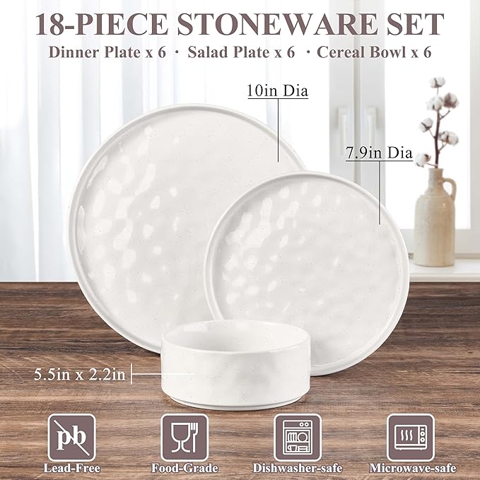 Herogo 18 Pieces Plates and Bowls Sets for 6, Stoneware Dinnerware Set for Kitchen, Ceramic Dinner Dishware, Dishwasher & Microwave Safe, Speckled White