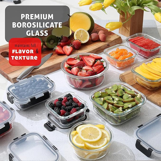 EATEX 16pc Glass Food Storage Containers with Lids, Airtight Glass Meal Prep Containers, 8 Reusable Food Storage Bins with 8 Leakproof Snap Lock Lids, Oven Microwave Freezer Safe Containers New
