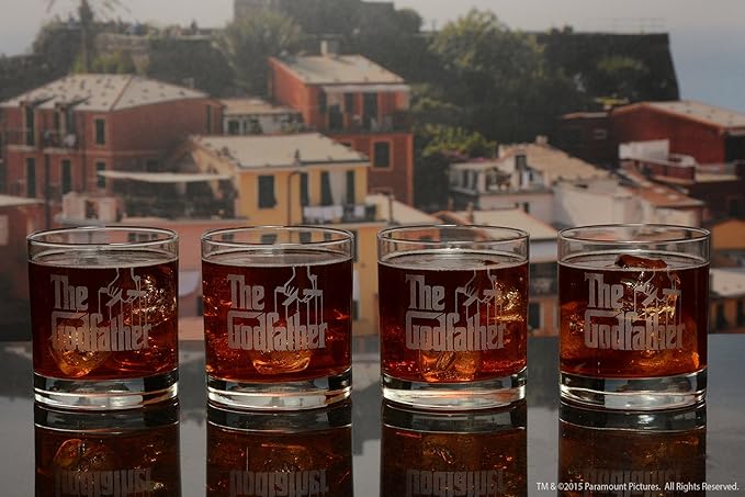 Official Godfather Etched Whiskey Glass Set - with Logo & 4 Unique Quotes - Premium Quality, Handcrafted Glassware, 11 oz. A Perfect Collectible Rocks Glass Set
