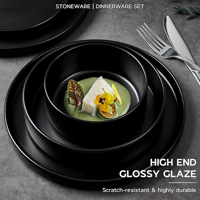 Onader 24 Piece Stoneware Dinnerware Sets with Pasta Bowls, Kitchen Dinner Dishes Set for 6, Plates and Bowls Dishware Dining Ware - Ebony Black