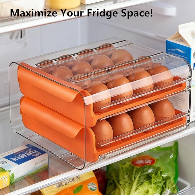 Egg Drawer for Refrigerator 32 Eggs, 2 Tier Clear Stackable Egg Holder with Drawer for Fridge, Drawer Type Egg Storage Box, Egg Tray Countertop (Orange)