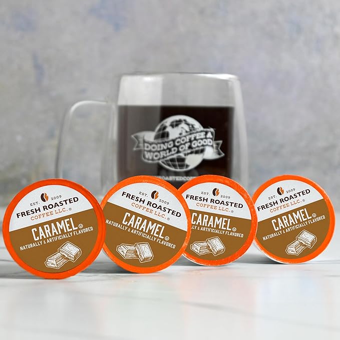 Fresh Roasted Coffee, Caramel, Flavored Coffee Pods, 24 Count