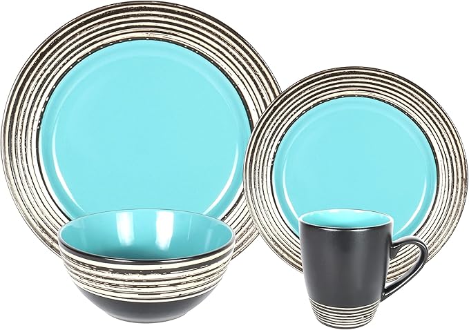 16 Piece Dinnerware Set, Ceramic Plates and Bowls Sets for 4, Microwave and Dishwasher Safe, Handcrafted Tree Bark Series Dish Set, Turquoise